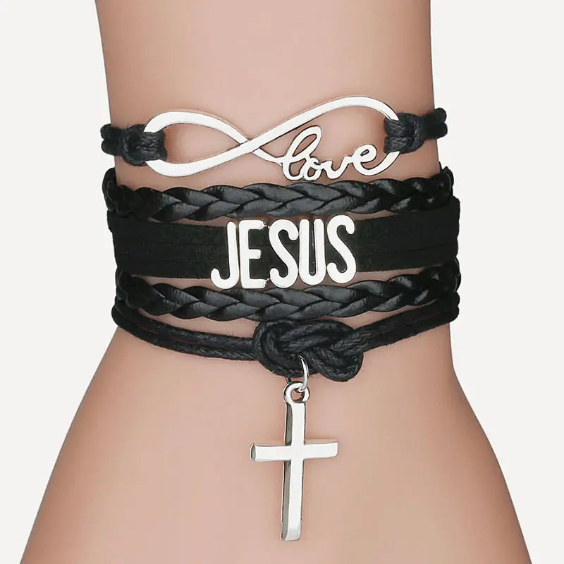 Jesus Loves Me Leather Bracelet Multilayer Wrap Cross Christian Leather Bracelets For Men