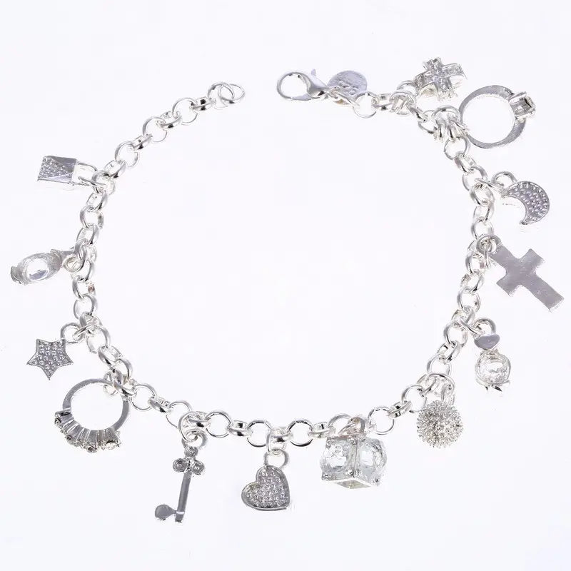 1pc Silver Plated Bracelet Moon Star Heart Lock Cross Charm Pendants Wrist Bracelet 13 Pendants Bangle