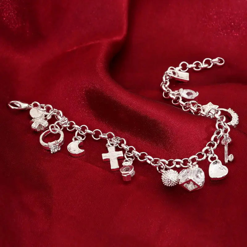 1pc Silver Plated Bracelet Moon Star Heart Lock Cross Charm Pendants Wrist Bracelet 13 Pendants Bangle
