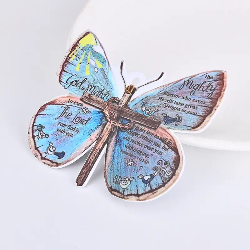 Creative Cross Butterfly Car Pendant Car Rearview Mirror Decorations Christian Religion Blue Butterfly Hanging Ornament Keychain Pendant