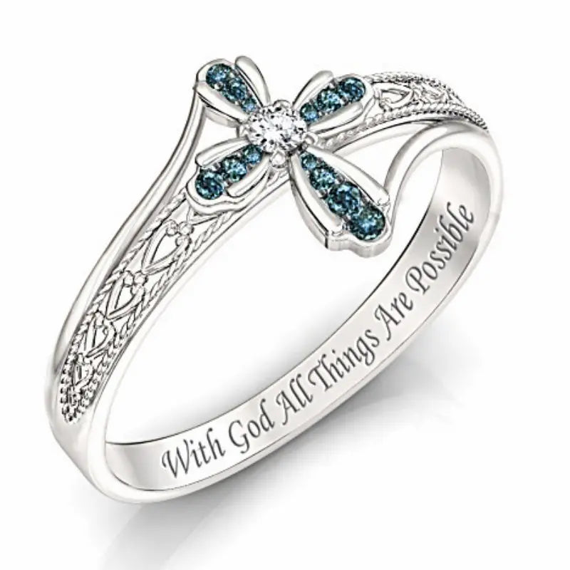 Exquisite Elegant Cross Blue Zircon Ring Wedding Engagement For Girlfriend