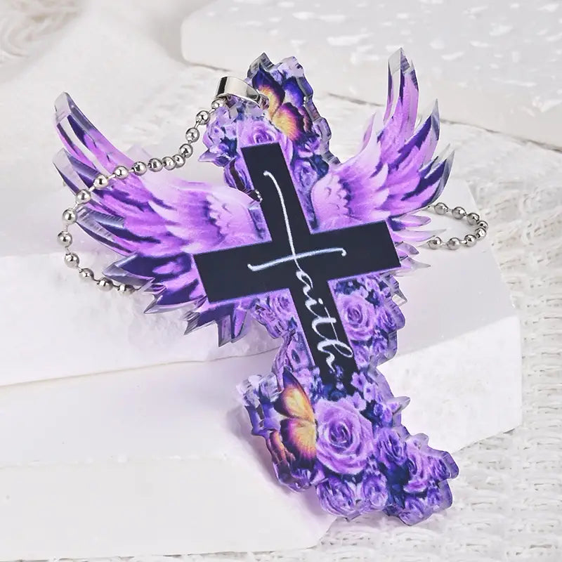 1pc, Purple Winged Jesus Cross Rose Acrylic Pendant, Car Interior Pendant, Backpack Key Hanging Pendant, Home Decoration, Car Decoration, Pendant Ornament, Festival Ornaments, Holiday Accessory, Easter Gift