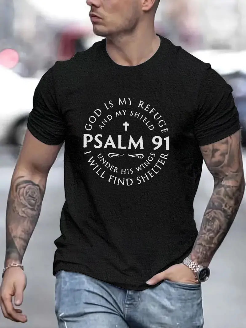 Christian Slogan Pattern Print Men's T-shirt, Graphic Tee Men's Summer Clothes, Men's Outfits