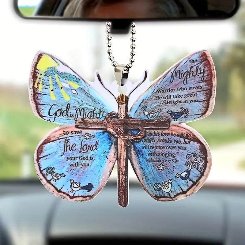 Creative Cross Butterfly Car Pendant Car Rearview Mirror Decorations Christian Religion Blue Butterfly Hanging Ornament Keychain Pendant