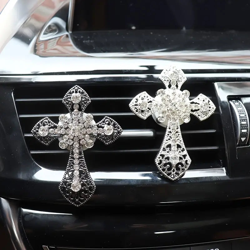 1pc Car Air Freshener, Artificial Diamond Cross Jesus Christian Vent Clip Aroma Car Smell Flavoring In Auto Decoration Interior Car Accessories