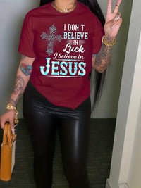 Thumbnail for Believe In Jesus Print T-Shirt, Christian Faith Short Sleeve Crew Neck Casual Top For Spring & Summer, Women's Clothing