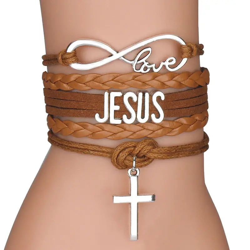 Jesus Loves Me Leather Bracelet Multilayer Wrap Cross Christian Leather Bracelets For Men
