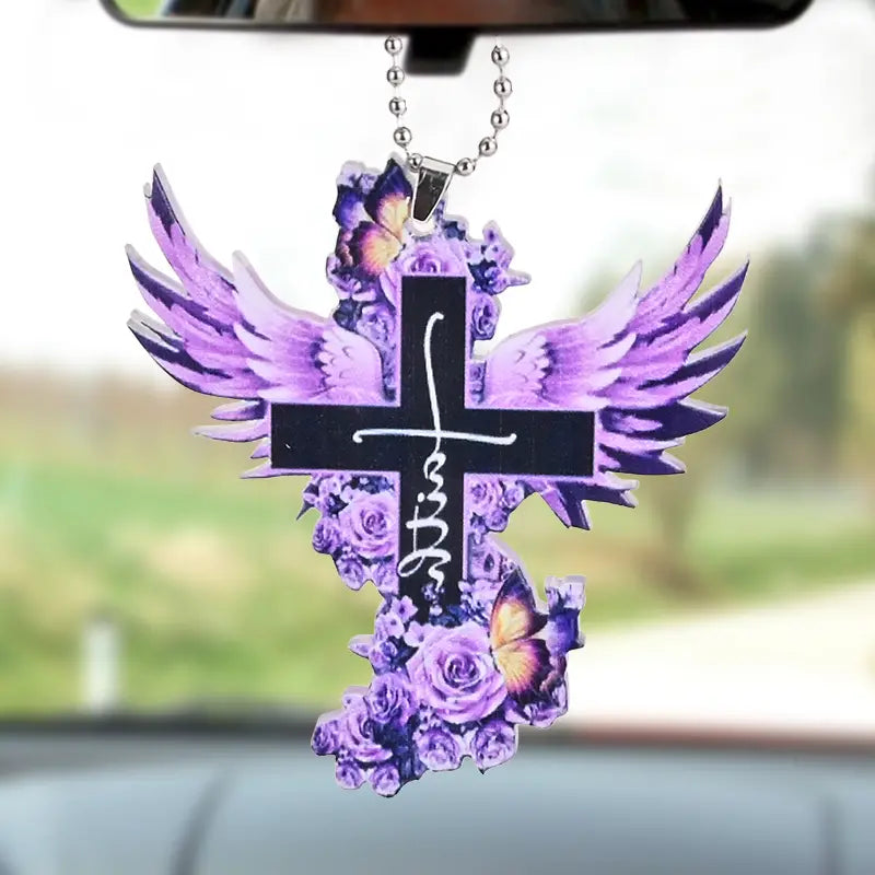 1pc, Purple Winged Jesus Cross Rose Acrylic Pendant, Car Interior Pendant, Backpack Key Hanging Pendant, Home Decoration, Car Decoration, Pendant Ornament, Festival Ornaments, Holiday Accessory, Easter Gift