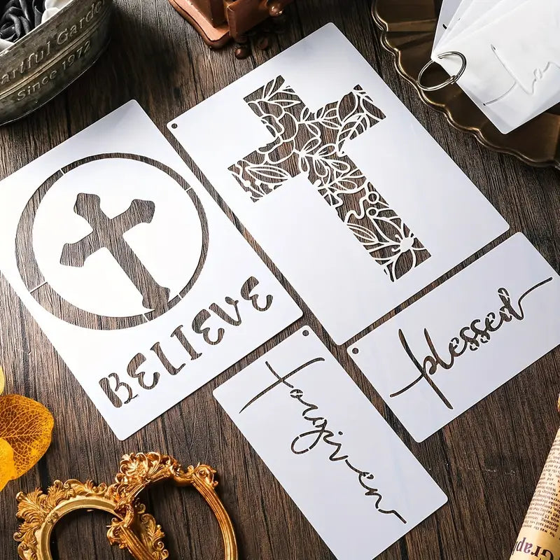 9pcs Cross Painting Stencils Set, Christian Stencils, Believe Jesus Forgiveness Cross Stencils, Reusable Painting Stencils With Metal Open Ring For Wall, Wood, Stone, Canvas Bags And More Decorative Painting