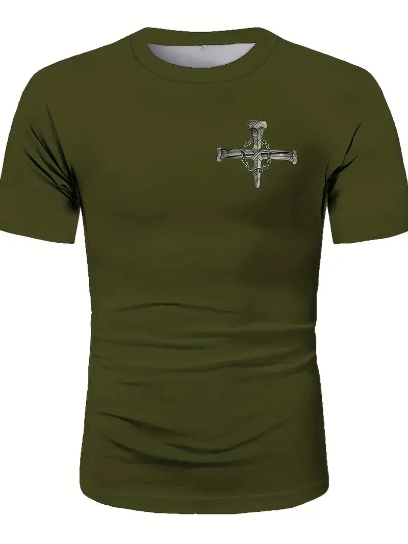 Cross & Christian Slogan Pattern Print Men's Comfy T-shirt, Graphic Tee Men's Summer Clothes, Men's Clothing