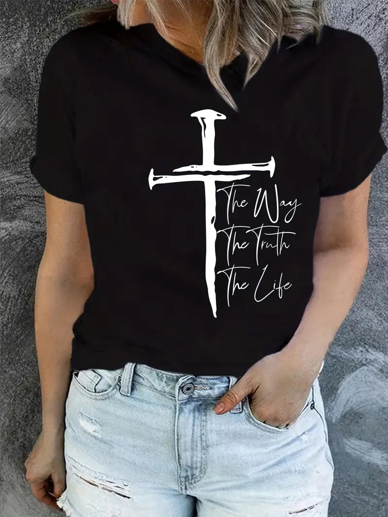 Christian Cross Print T-Shirt, Short Sleeve Crew Neck Casual Top For Summer & Spring, Women's Clothing