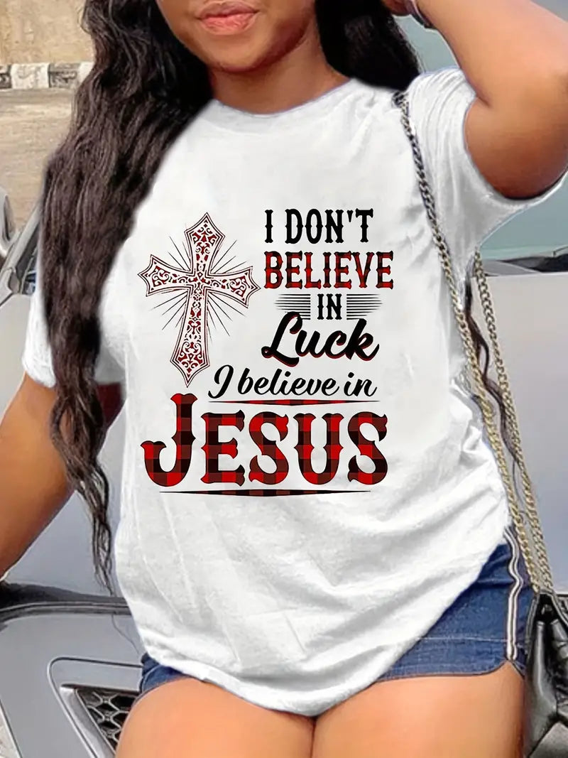 Believe In Jesus Print T-Shirt, Christian Faith Short Sleeve Crew Neck Casual Top For Spring & Summer, Women's Clothing