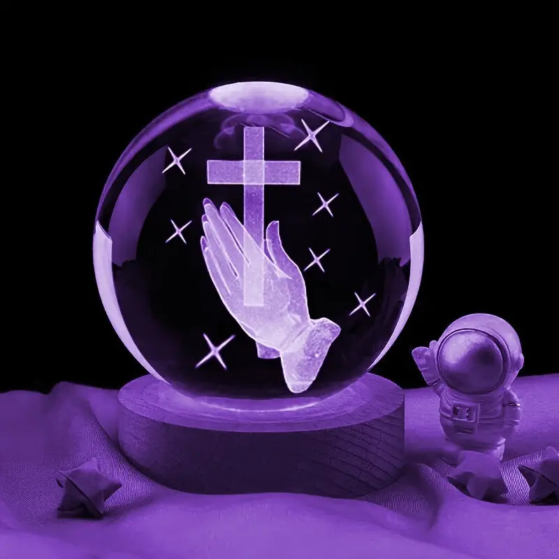 Unique 3D Crystal Ball Cross Ln Hand With Multicolor LED Night Light - Perfect Gift For Women and Men of Faith