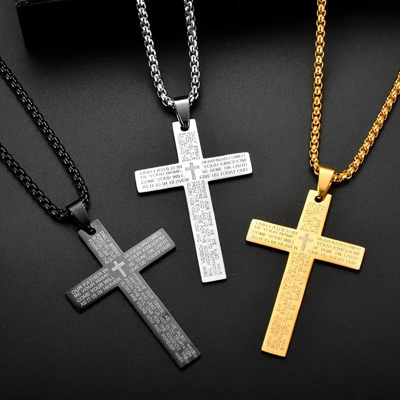 1pc Stainless Steel Christian Cross Bible Verse Prayer Statement Religious Pendant Necklace