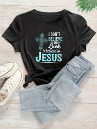 Thumbnail for Believe In Jesus Print T-Shirt, Christian Faith Short Sleeve Crew Neck Casual Top For Spring & Summer, Women's Clothing