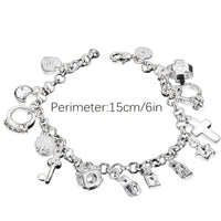 Thumbnail for 1pc Silver Plated Bracelet Moon Star Heart Lock Cross Charm Pendants Wrist Bracelet 13 Pendants Bangle