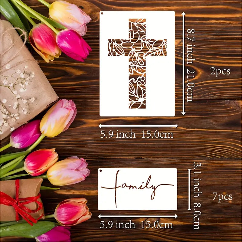9pcs Cross Painting Stencils Set, Christian Stencils, Believe Jesus Forgiveness Cross Stencils, Reusable Painting Stencils With Metal Open Ring For Wall, Wood, Stone, Canvas Bags And More Decorative Painting