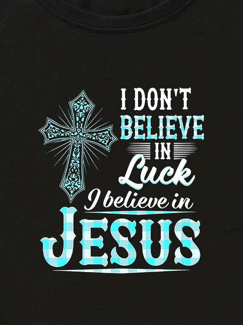 Believe In Jesus Print T-Shirt, Christian Faith Short Sleeve Crew Neck Casual Top For Spring & Summer, Women's Clothing