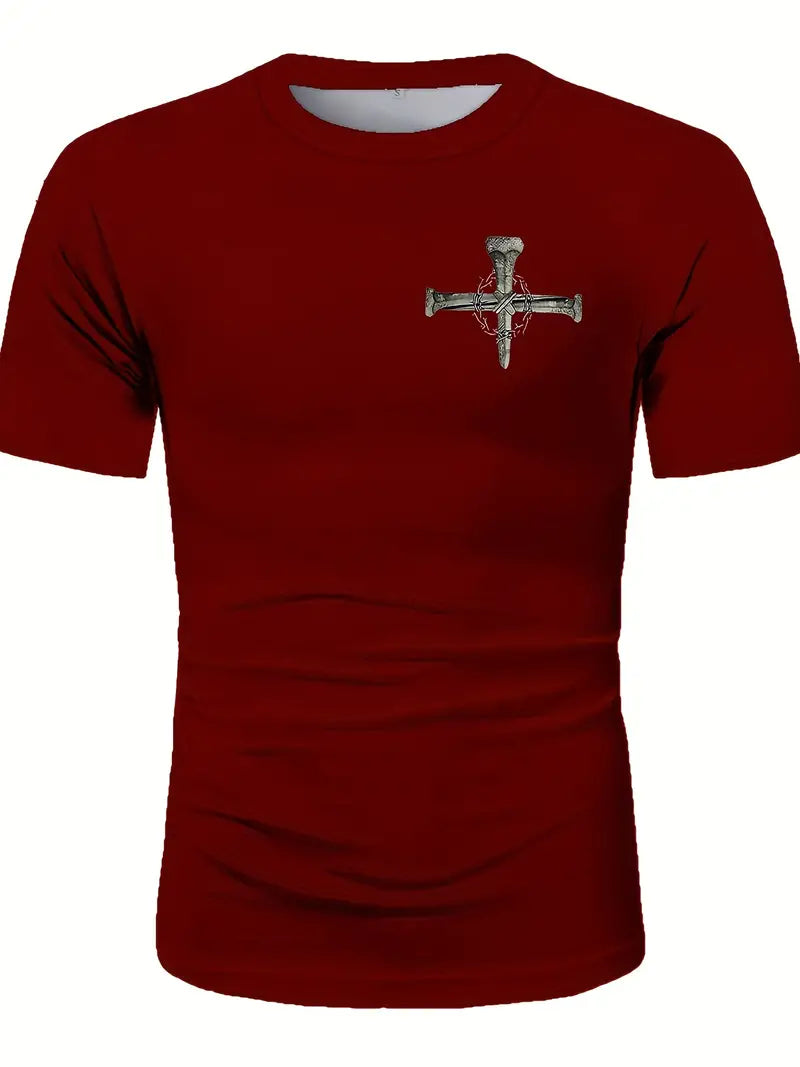 Cross & Christian Slogan Pattern Print Men's Comfy T-shirt, Graphic Tee Men's Summer Clothes, Men's Clothing